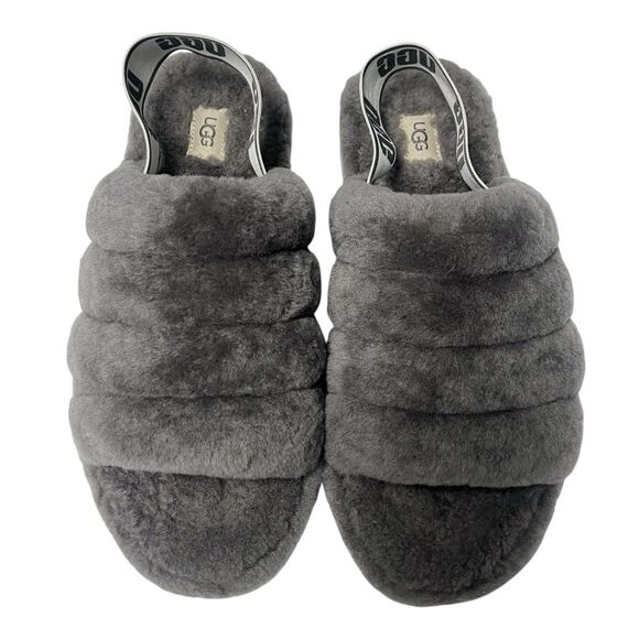UGG Fluff Yeah Slide Fur Slippers Charcoal Grey Slingback Plush Women’s Size 11 - Picture 4 of 10
